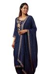 Buy_Blue Lotus Design_Blue Cotton, Silk Embroidery Round Neck Floral Thread Kurta Pant Set _Online_at_Aza_Fashions