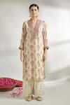 Shop_Gopi Vaid_Ivory Cotton Silk Printed Floral V Neck Flower Tunic _Online_at_Aza_Fashions