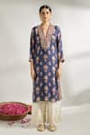 Gopi Vaid_Blue Cotton Silk Printed Floral V Neck Flower Tunic _at_Aza_Fashions