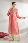 Gopi Vaid_Pink Cotton Silk Printed Floral Band Collar Gathered Tunic _at_Aza_Fashions