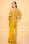 Shop_Seema Gujral_Yellow Georgette Embroidered Mirror Scoop Pre-draped Work Saree Set With Jacket _Online_at_Aza_Fashions