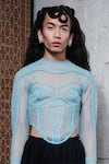 Quod_Blue 100% Nylon High Neck Quod Sheer Mesh Top _Online_at_Aza_Fashions