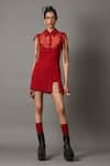 Buy_Quod_Red 100% Viscose Embellished Bead String Collared Mini Climber Dress _at_Aza_Fashions