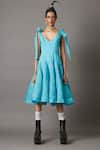 Quod_Blue 70% Silk Organza Plunge Flow Tie-up Strap Shoulder Dress_Online_at_Aza_Fashions