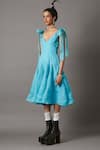 Buy_Quod_Blue 70% Silk Organza Plunge Flow Tie-up Strap Shoulder Dress _Online_at_Aza_Fashions