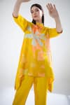 Clos_Yellow Dupion Silk Print Abstract Band Collar Floral Short Kaftan With Pant _Online_at_Aza_Fashions