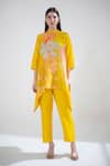 Buy_Clos_Yellow Dupion Silk Print Abstract Band Collar Floral Short Kaftan With Pant _at_Aza_Fashions