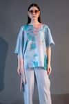 Shop_Clos_Blue Dupion Silk Print Abstract Round Geometric Floral Kaftan With Pant _at_Aza_Fashions