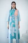 Clos_Blue Dupion Silk Print Abstract Collar Floral Kurta With Pant _Online_at_Aza_Fashions