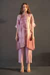 Buy_Clos_Pink Dupion Silk Print Abstract Band Collar Asymmetric Kurta With Pant _at_Aza_Fashions