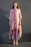 Buy_Clos_Pink Dupion Silk Print Abstract Band Collar Long Tail Kaftan With Pant _at_Aza_Fashions