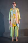 Clos_Yellow Dupion Silk Print Abstract Lapel Collar Asymmetric Kurta With Pant _Online_at_Aza_Fashions