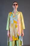 Buy_Clos_Yellow Dupion Silk Print Abstract Lapel Collar Asymmetric Kurta With Pant _Online_at_Aza_Fashions