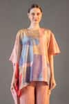 Clos_Peach Dupion Silk Print Abstract Round Asymmetric Kaftan With Pant _Online_at_Aza_Fashions