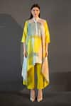 Buy_Clos_Yellow Dupion Silk Print Abstract Band Collar Long Kaftan With Pant _at_Aza_Fashions