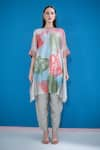 Buy_Clos_Red Dupion Silk Printed Abstract Floral Closed Round Kaftan With Pant _at_Aza_Fashions