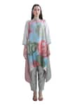 Shop_Clos_Red Dupion Silk Printed Abstract Floral Mandarin Kaftan And Pant Set _Online_at_Aza_Fashions