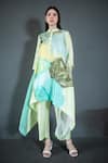 Buy_Clos_Green Dupion Silk Printed Abstract Floral Mandarin Asymmetric Kaftan And Pant Set _at_Aza_Fashions