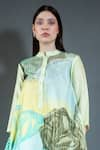 Buy_Clos_Green Dupion Silk Printed Abstract Floral Mandarin Asymmetric Kaftan And Pant Set _Online_at_Aza_Fashions