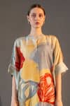 Buy_Clos_Grey Dupion Silk Printed Abstract Floral Mandarin Asymmetric Kurta With Pant _Online_at_Aza_Fashions