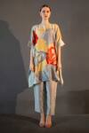 Buy_Clos_Grey Dupion Silk Printed Abstract Floral Mandarin Asymmetric Kurta With Pant _at_Aza_Fashions