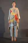 Buy_Clos_Grey Dupion Silk Printed Abstract Floral Mandarin High Low Kurta With Pant _at_Aza_Fashions