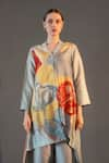 Shop_Clos_Grey Dupion Silk Printed Abstract Floral Mandarin High Low Kurta With Pant _at_Aza_Fashions