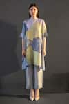 Buy_Clos_Grey Dupion Silk Printed Abstract Floral Mandarin Checks Kurta And Pant Set _at_Aza_Fashions