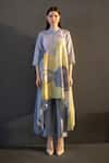 Buy_Clos_Yellow Dupion Silk Printed Abstract Floral Mandarin High Low Kaftan With Pant _at_Aza_Fashions