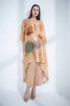 Buy_Clos_Peach Dupion Silk Printed Abstract Floral Closed Asymmetric Kaftan And Pant Set _at_Aza_Fashions