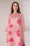 Clos_Pink Handloom Printed Floral Mandarin Kaftan And Pant Set _Online_at_Aza_Fashions