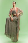 Buy_Dolly J_Grey Chiffon Print Ditsy Open Neck Bianka Embellished Cape Skirt Set _at_Aza_Fashions