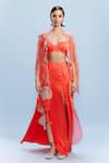 Buy_Dolly J_Orange Satin Embroidery Ocean Flora Open Neck Addelyn Cape Skirt Set _at_Aza_Fashions