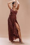 Buy_Dolly J_Maroon Chiffon Print Daisy Dew Sweetheart Neck Asymmetric Draped Gown _at_Aza_Fashions