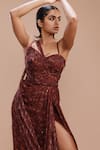 Dolly J_Maroon Chiffon Print Daisy Dew Sweetheart Neck Asymmetric Draped Gown _Online_at_Aza_Fashions