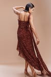 Shop_Dolly J_Maroon Chiffon Print Daisy Dew Sweetheart Neck Asymmetric Draped Gown _at_Aza_Fashions