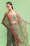 Buy_Dolly J_Green Chiffon Print Ditsy Fleur Open Neck Jazz Cape Sharara Set _Online_at_Aza_Fashions