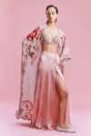 Buy_Dolly J_Pink Satin Print Rafflesia Sweetheart Neck Evara Embellished Cape Skirt Set _at_Aza_Fashions