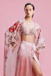 Dolly J_Pink Satin Print Rafflesia Sweetheart Neck Evara Embellished Cape Skirt Set _Online_at_Aza_Fashions