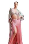 Dolly J_Pink Satin Print Waterwave Sweetheart Neck Anika Embellished Cape Skirt Set _at_Aza_Fashions