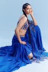 Buy_Dolly J_Blue Chiffon Embroidered Thread V Neck Kai Blouse Lehenga Set _Online_at_Aza_Fashions