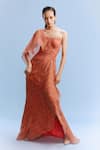 Buy_Dolly J_Orange Chiffon Printed Floral One Shoulder Keeva Draped Gown With Belt _Online_at_Aza_Fashions