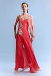 Buy_Dolly J_Coral Chiffon Embroidered Thread Shrug Open Neck Nera With Jumpsuit _at_Aza_Fashions