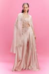 Buy_Dolly J_Peach Cape Organza Embroidered Lace Cape Open Neck Elora Sharara Set _at_Aza_Fashions