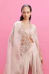 Dolly J_Peach Cape Organza Embroidered Lace Cape Open Neck Elora Sharara Set _Online_at_Aza_Fashions