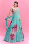 Buy_Dolly J_Blue Chiffon Printed Floral V Neck Zaira Lehenga Set _at_Aza_Fashions