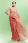 Buy_Dolly J_Peach Chiffon Printed Floral Sweetheart Liana Saree With Blouse _at_Aza_Fashions