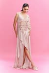 Buy_Dolly J_Peach Satin Embroidered Lace V Neck Lamara Asymmetric Draped Gown _at_Aza_Fashions