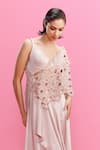 Dolly J_Peach Satin Embroidered Lace V Neck Lamara Asymmetric Draped Gown _Online_at_Aza_Fashions