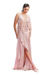 Buy_Dolly J_Peach Satin Embroidered Lace V Neck Lamara Asymmetric Draped Gown _Online_at_Aza_Fashions